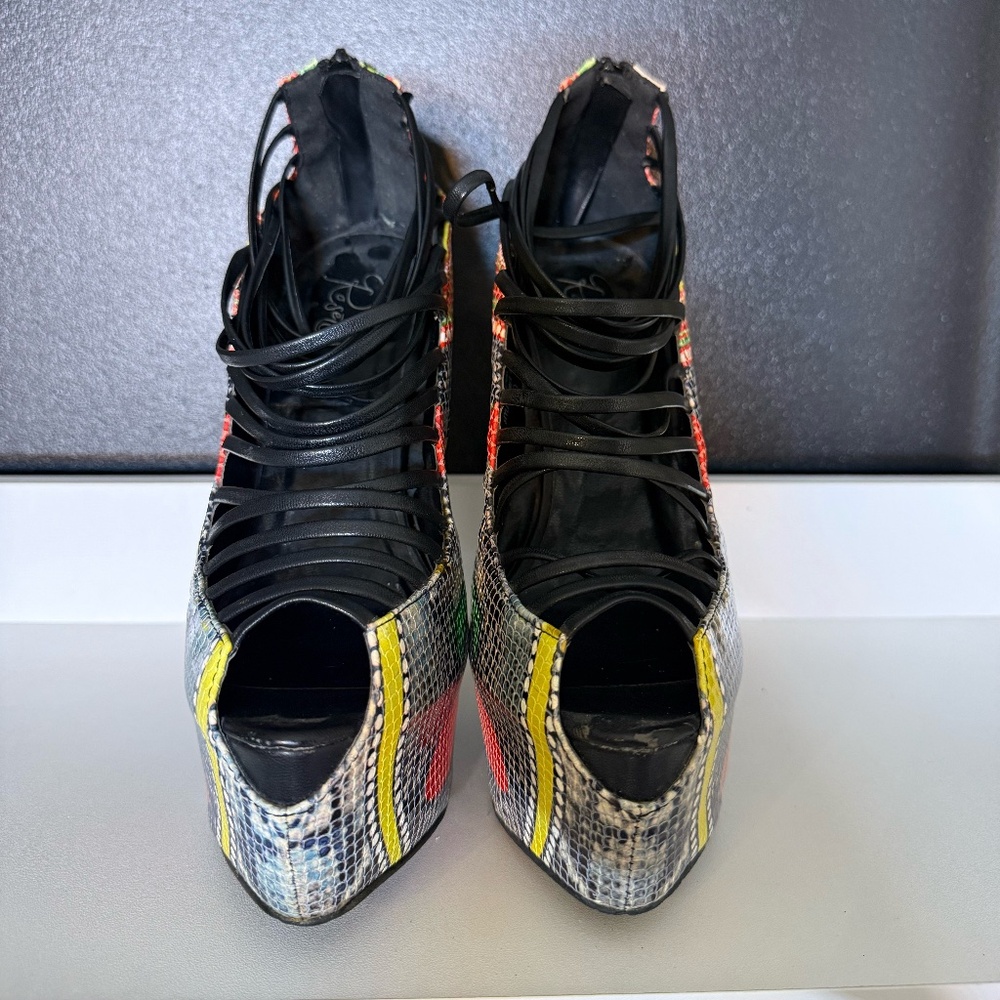 Multi-Color Snakeskin Print Lace-Up Platform Heels